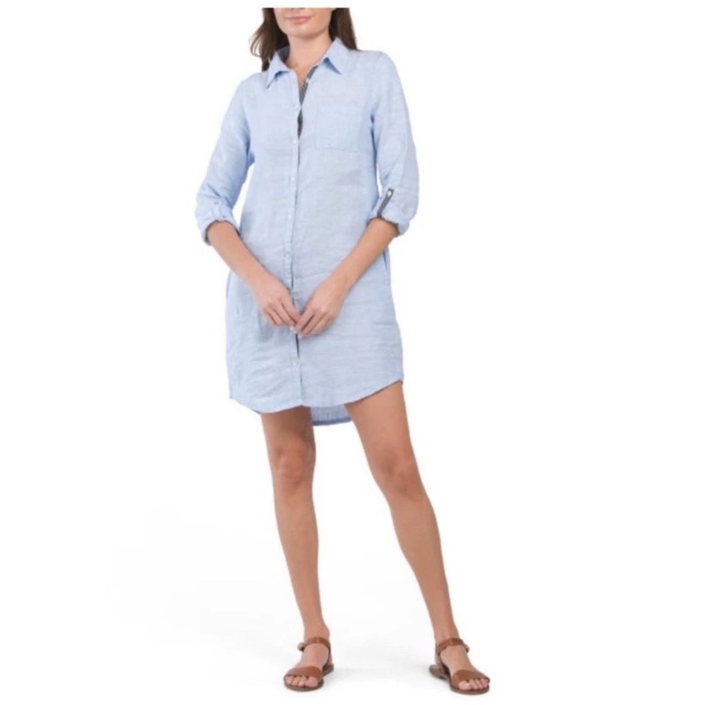 C & C California Linen Shirt Dress Roll Tab Sleeves Light Blue Women's X-Small